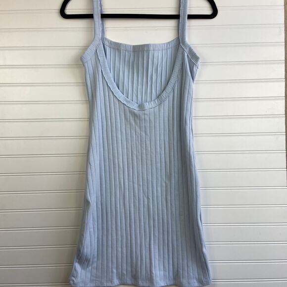Le Lis Blue Ribbed Raw Hem Backless Sleeveless Fitted Square Neck Mini Dress - Picture 4 of 8